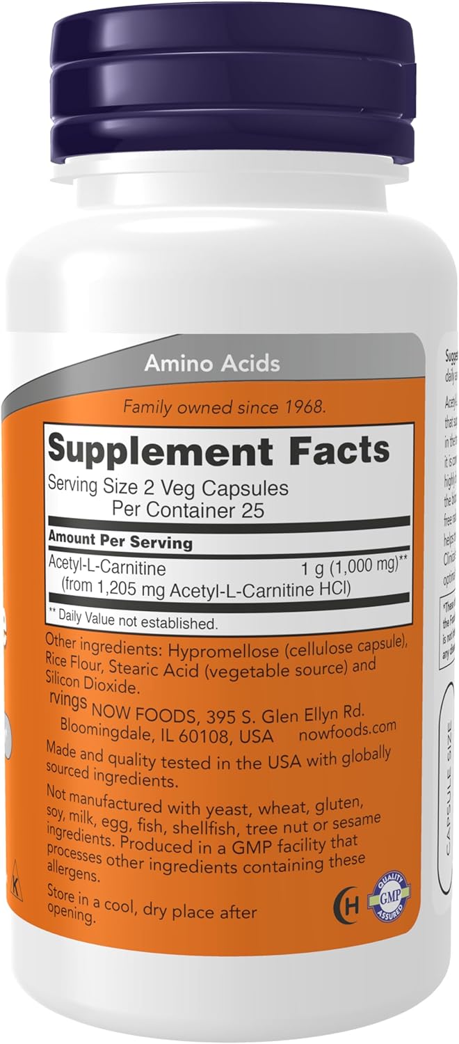 NOW Foods Acetyl-L-Carnitine, 500 mg, 50 Veg Capsules 24Hr Smart